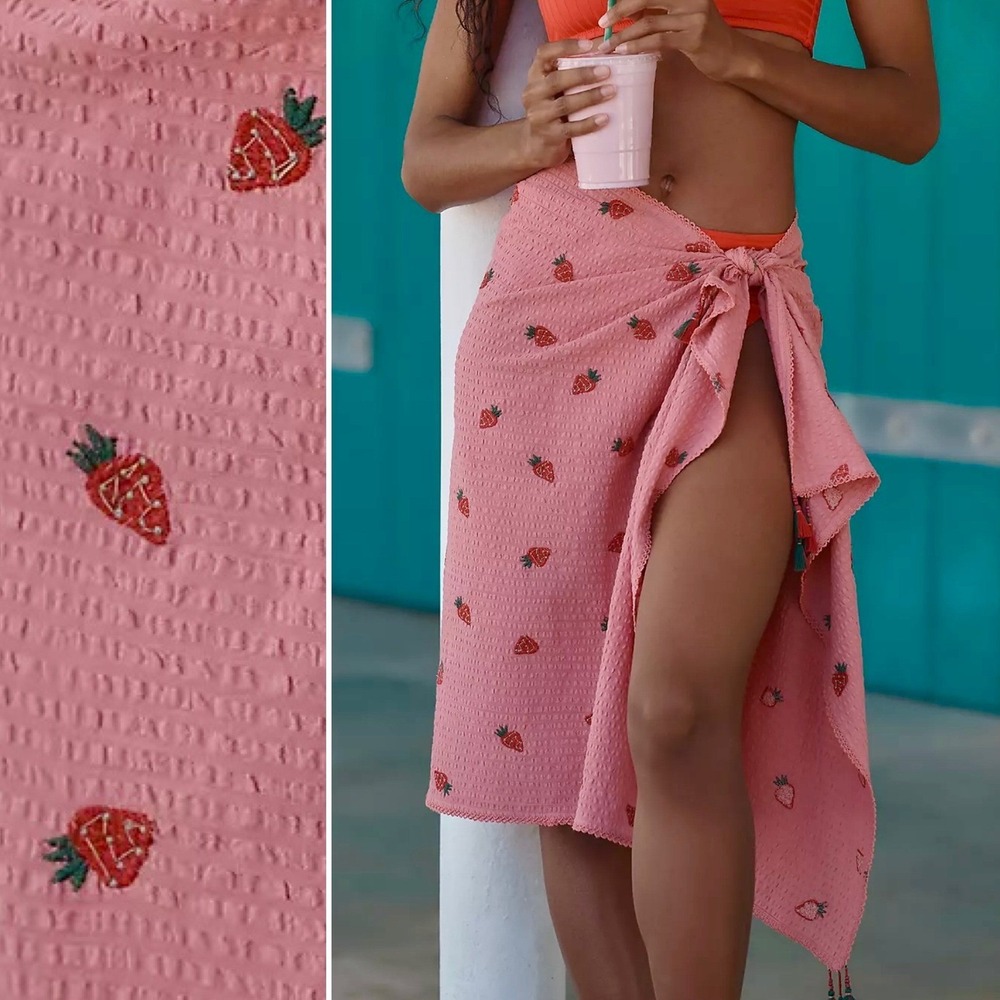 Anthropologie Cover-Up Sarong NEW Diva Strawberry Icon Embroidered Pink Cotton